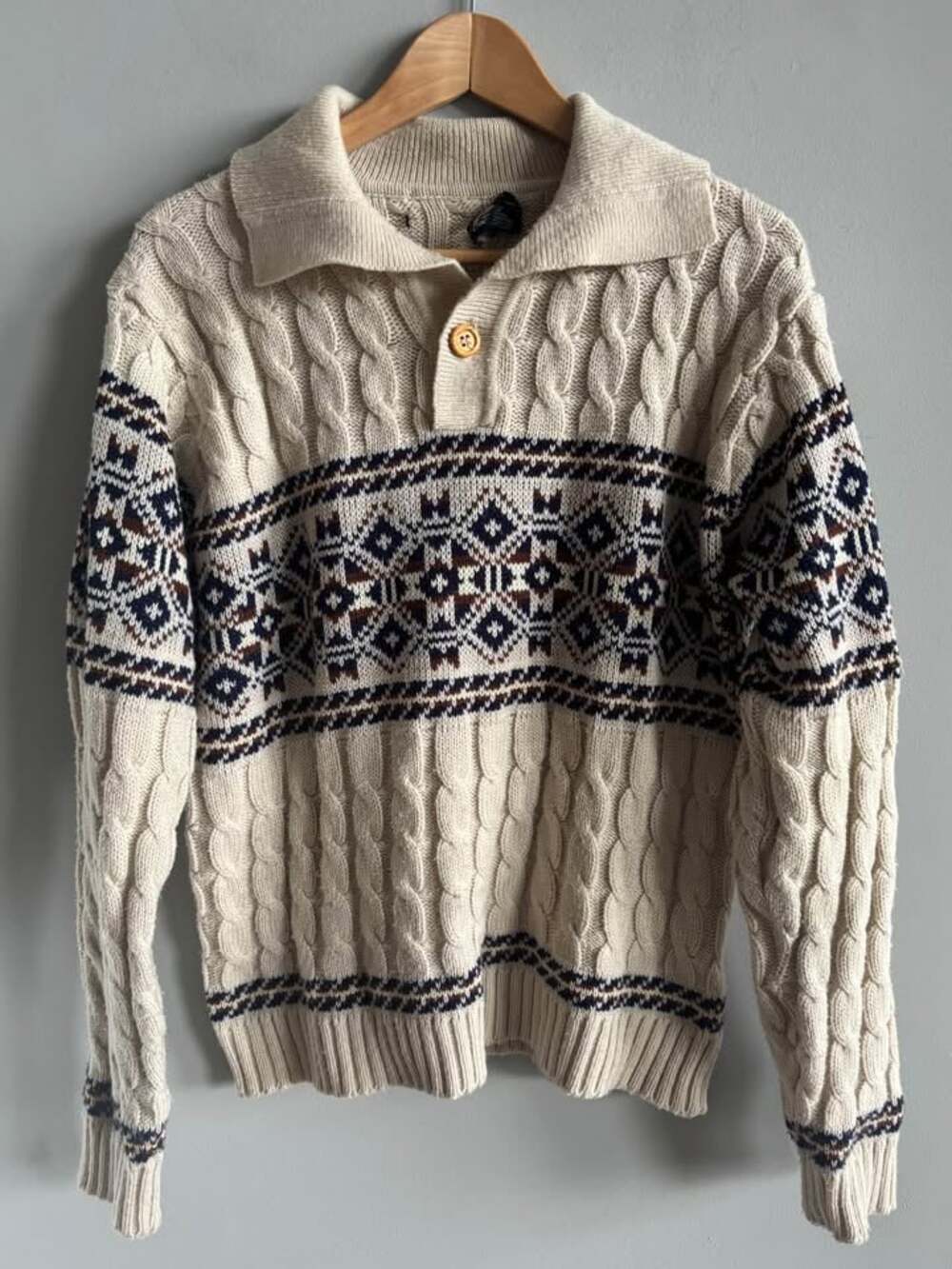 Vintage 80s Christopher Rand Fair Isle Cable Knit Sweater Collared Men's L